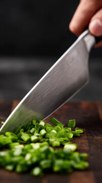Close-up of knife slicing fresh green onions on wooden cutting board