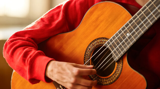 Young caucasian male playing acoustic guitar in cozy room setting
