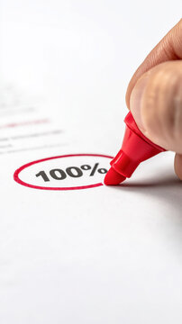 Hand highlighting 100% with red marker on paper