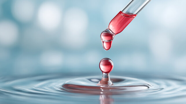 Red liquid droplet falling into water creating ripples on blue background