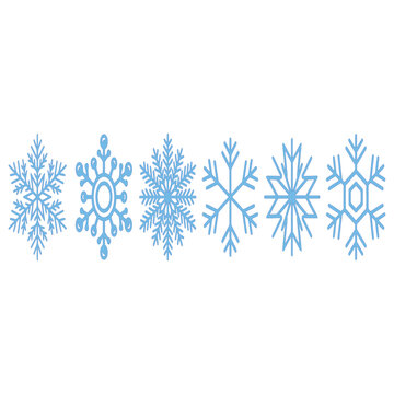 Delicate blue snowflake vector graphic icons set featuring various intricate winter holiday designs
