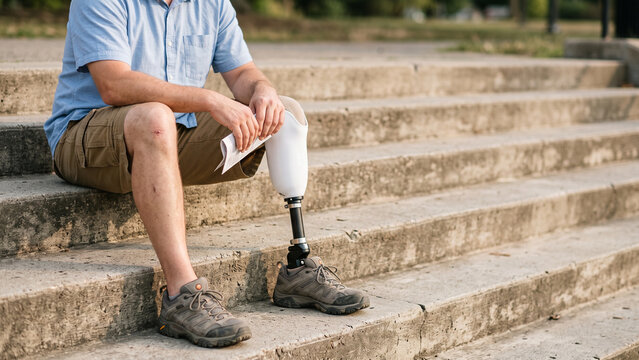 Man with Prosthetic Leg Sitting on Concrete Steps Outdoors Holding Brochure Showing Disability and Amputee Lifestyle