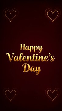 Valentine day animation video with golden glowing text and sparkling heart shapes on dark red background, greeting card motion graphics for valentines social media Instagram story design