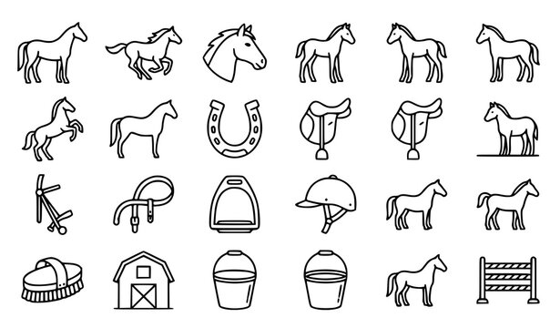 Horse Riding and Equestrian Gymnastics Outline Vector Icons