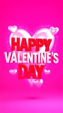 Happy Valentines Day dynamic vertical animation video motion graphic with Dynamic 3D red and white text with floating pink hearts for romantic valentines animated social media Instagram story post