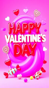 Valentines Day vertical animation video motion graphic with 3d glossy pink swirl animation reveals red glossy text for valentines social media Instagram story with floating decorative candy hearts