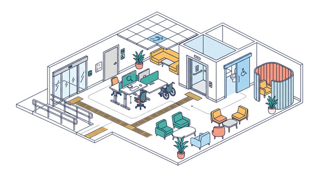 Modern inclusive office interior, isometric workspace with wheelchair accessibility features, ergonomic office layout with ramp and elevator isolated PNG with Transparent Background