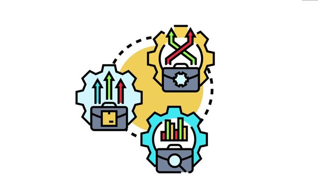 Business process transformation concept showing interconnected gears and briefcases, symbolizing strategy, workflow redesign, implementation and company growth efficiency