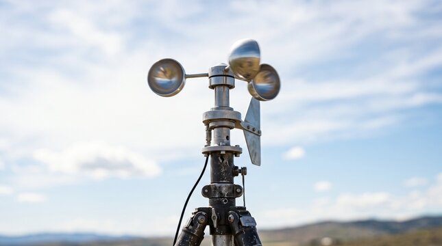 A professional anemometer weather station device measuring wind speed against a bright blue cloudy sky background