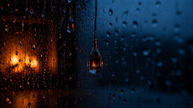 Moody rainfall on window with warm glow: capturing tranquil night ambiance