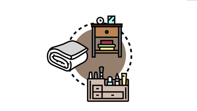 Organized bedroom makeover concept shows items like a nightstand, rolled towel, and makeup organizer, symbolizing interior design, personal care, and decluttering for a tidy living space