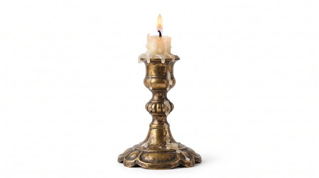 Lit candle in vintage brass candlestick isolated on white background