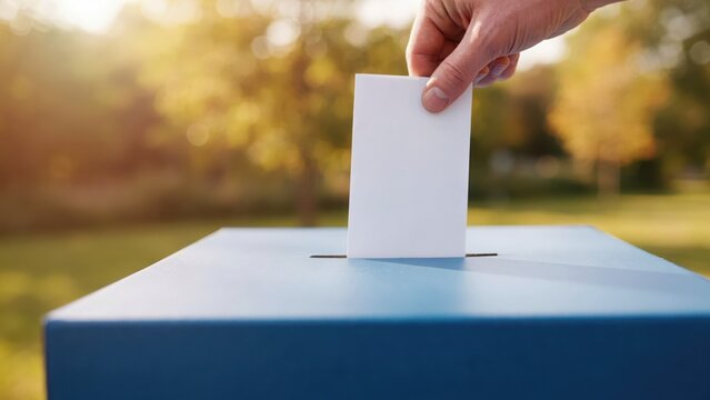 A hand inserts a ballot paper into a blue election box in sunlight. Represents democracy and civic duty for political campaigning and voting concepts.