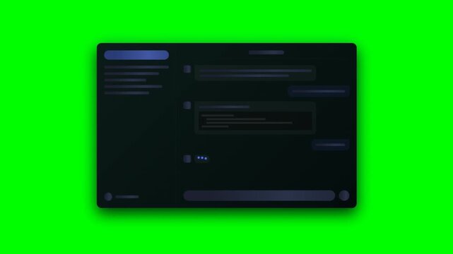 High end messaging app desktop web interface skeleton loader. Features a dark mode glassmorphism layout, sidebar history, animated code blocks, bouncing typing indicators, and a seamless 10second loop