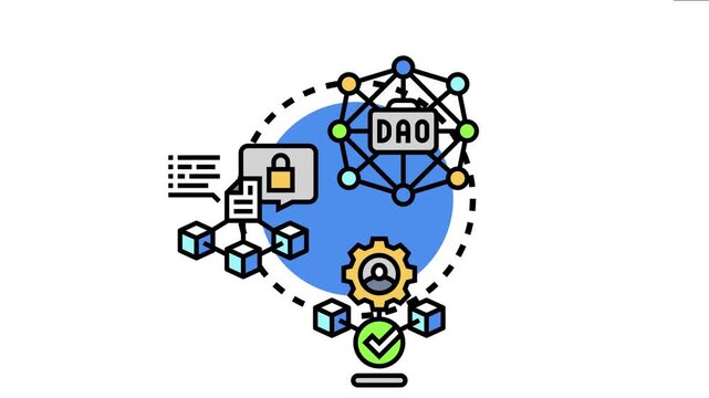 Organized validating proof through decentralized autonomous organization systems, depicting network, security, and digital data management