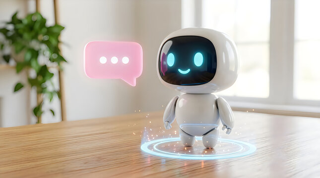 Cute ai robot character standing on wooden table with speech bubble symbol, representing virtual assistant and chatbot technology