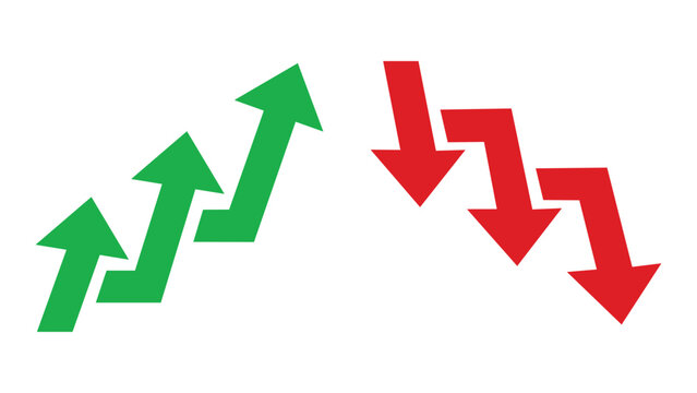 Set of green rising and red falling arrows, business growth and decline concept, vector illustration