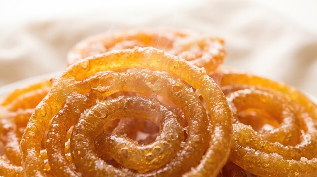 Close up golden jalebi spirals coated in glossy sugar syrup, traditional Indian sweet dessert with a crispy texture, popular during Diwali, Eid and festive celebrations.