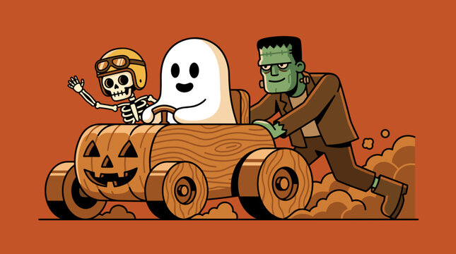 Spooky Friends Driving a Pumpkin Carved Wooden Soapbox Racer