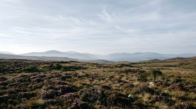Heather Moorland Landscape with Distant Rolling Mountains