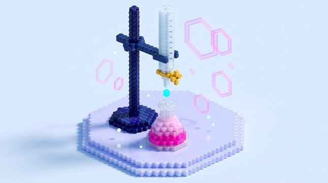 Isometric 3D hexagonal chemistry titration setup with voxel laboratory glassware for science graphic resources