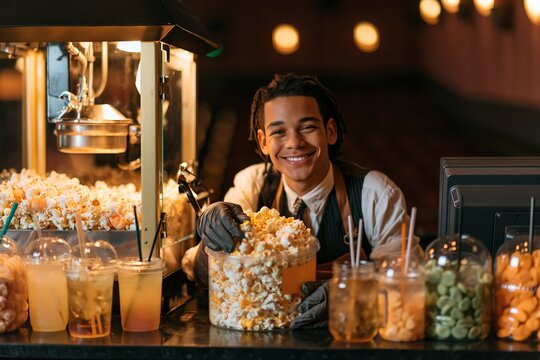 Smiling young male concession worker holding a large bucket of fresh popcorn at cinema