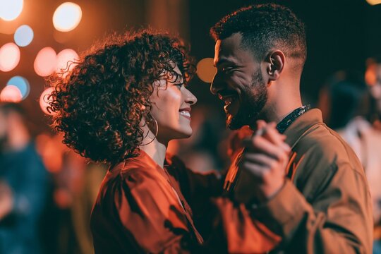 Young couple dancing together romantically at a night club event with bokeh lights background