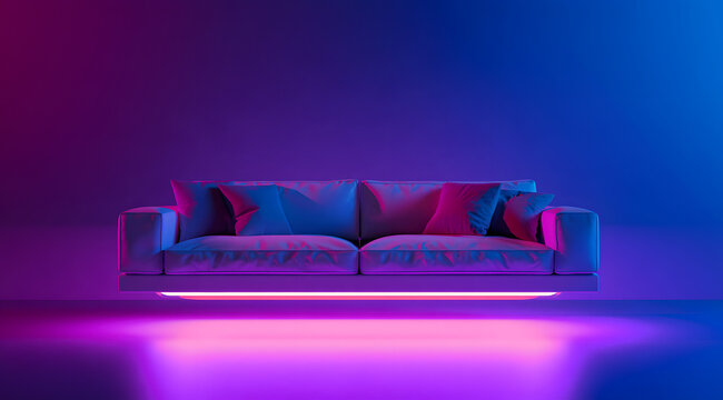 A futuristic, floating sofa glides through a modern living space bathed in striking, neon lighting. The purple and blue glows highlight the minimalist design. The sci-fi-inspired furniture style sets 