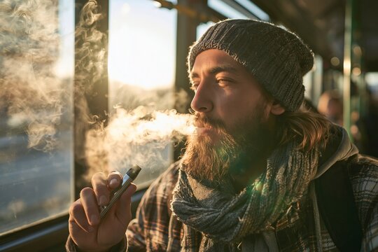 Bearded man in a beanie and scarf exhaling vapor from an electronic cigarette on a bus ride