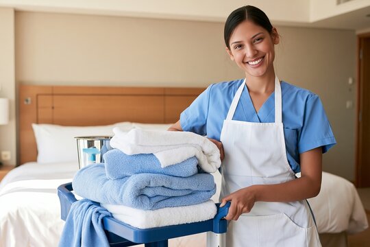 Cheerful hotel maid pushing a laundry cart filled with clean towels in a bedroom