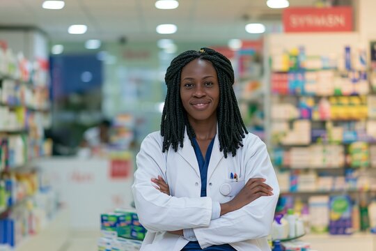 Confident female pharmacist with arms crossed smiling inside a brightly lit pharmacy store