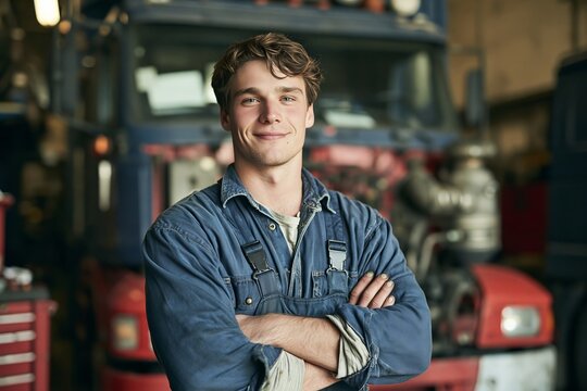 Confident young mechanic standing with arms crossed in front of a heavy truck in a garage
