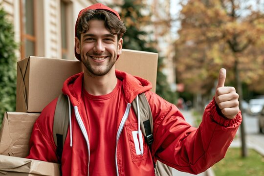 Delivery courier in red uniform and cap carrying cardboard packages and giving thumbs up outside