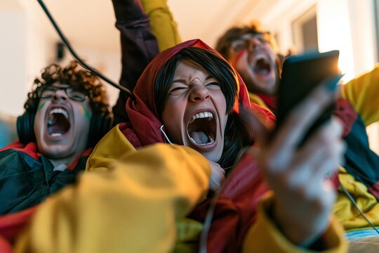 Excited sports fans screaming and cheering while watching a game together on a smartphone