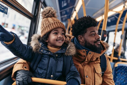 Father and smiling young daughter looking out the window while riding public bus together