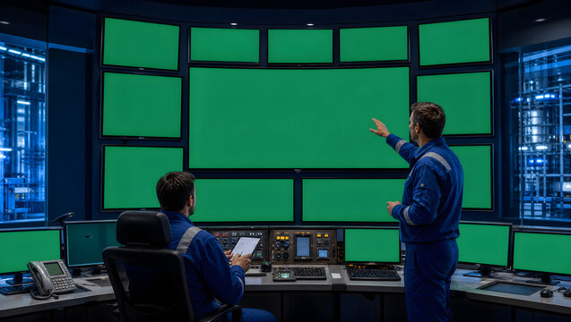 Engineers monitoring blank green screen video wall in control room