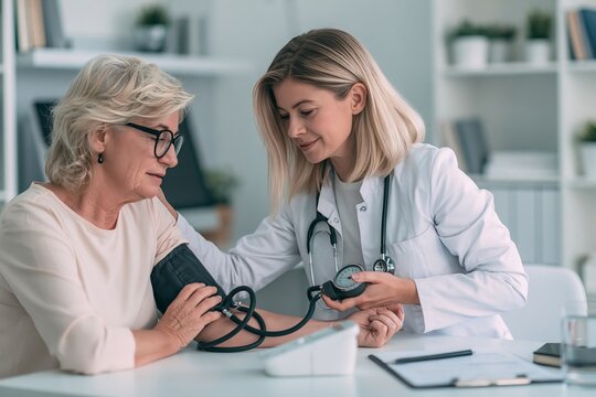 Female doctor measuring blood pressure of senior female patient in a medical office setting