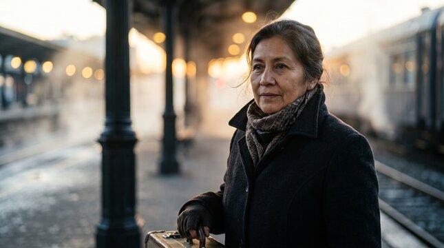 Mature woman with suitcase at train station platform at dawn