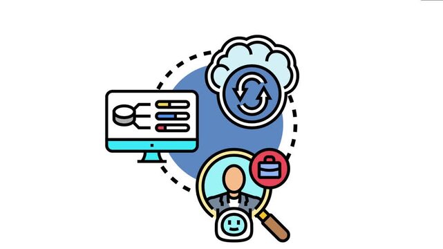 Application layer connecting user experience, a central cloud database storing information, and a magnifying glass finding client services, data flow in network communication