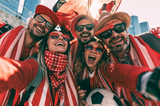 Group of cheerful soccer fans in red team scarves taking a lively group selfie outdoors