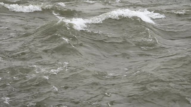 Close-up of large rolling white waves on the water