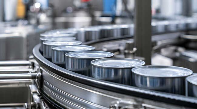 In modern factories, metal food cans move on conveyor belts. Industrial plants use automated production lines to process canned goods. Stainless steel machinery handles mass manufacturing of food prod