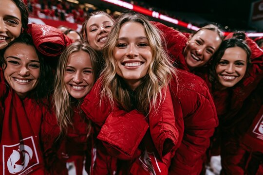 Group of young women in red winter jackets smiling happily together in a crowded stadium crowd