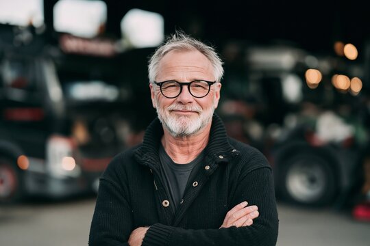 Mature senior male trucker wearing glasses and black sweater standing outdoors near trucks