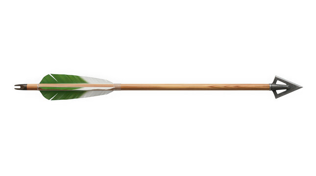 A highly detailed pixel art rendering of an arrow with vibrant green and crisp white feathers pointing to the right on a