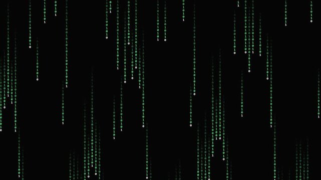 Green binary code falling on black background representing digital matrix data stream