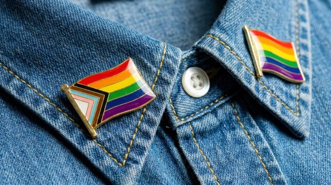 Close-up of two rainbow pride flag pins, one with an inclusive design, attached to the collar of a blue denim shirt, symbolizing LGBTQ+ support and diversity, concept of LGBTQ+ pride and inclusion