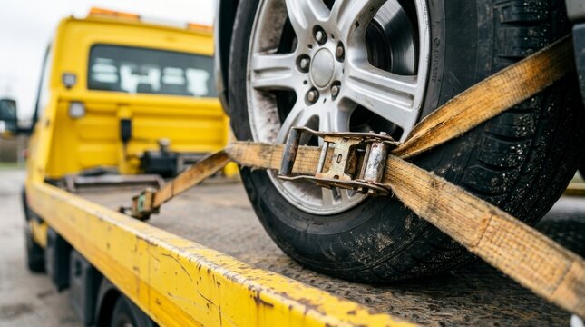 Close-up of a car wheel secured with ratchet straps on the flatbed of a yellow tow truck, indicating roadside assistance or vehicle transport