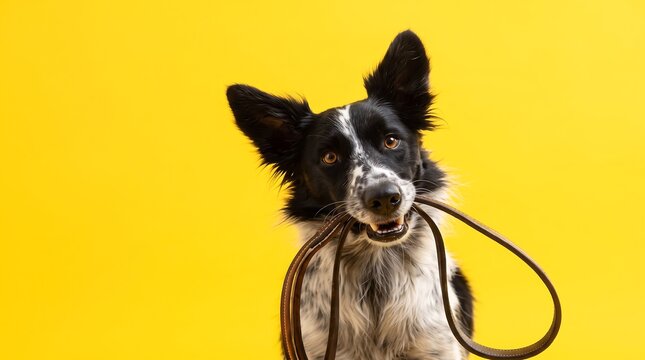 Black and white border collie dog holding a leather leash in its mouth, eager for a walk on yellow background.