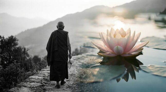 Spiritual Buddhist transition: passing into, Nirvana state, monk walk, mountain path, lotus flower, calm water, serene lake, peaceful journey, sacred trail.